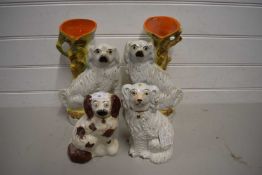 MIXED LOT : PAIR OF STAFFORDSHIRE SPILL VASES FORMED AS SPANIELS, TOGETHER WITH TWO FURTHER SPANIELS