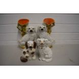 MIXED LOT : PAIR OF STAFFORDSHIRE SPILL VASES FORMED AS SPANIELS, TOGETHER WITH TWO FURTHER SPANIELS