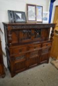 OLD CHARM OAK COURT CUPBOARD WITH LEAD GLAZED CENTRAL DOORS, 137CM WIDE