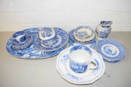 MIXED LOT VARIOUS 19TH CENTURY BLUE AND WHITE CERAMICS TO INCLUDE LARGE MEAT PLATE (CRACKED),