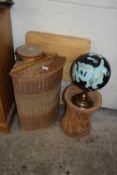 MIXED LOT, LINEN BASKET, WICKER STOOL, GLOBE, FOLDING TABLE AND TWO MUSICAL INSTRUMENTS (6)