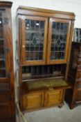 EARLY 20TH CENTURY OAK SECRETAIRE CABINET WITH LEAD GLAZED DOORS, 182CM HIGH