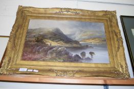 LATE 19TH CENTURY BRITISH SCHOOL, STUDY OF A SCOTTISH LANDSCAPE WITH FIGURE IN FOREGROUND, GILT