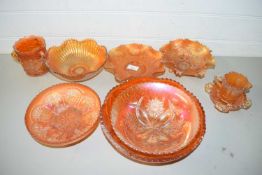 COLLECTION VARIOUS TANGERINE CARNIVAL GLASS BOWLS, VASE AND OTHER ITEMS