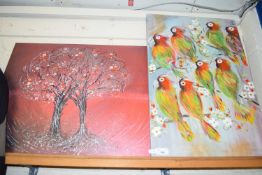 TWO CONTEMPORARY OIL ON CANVAS STUDIES - PARROTS, BLOSSOM TREES, BOTH UNFRAMED (2)