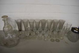 LARGE MIXED LOT OF CLEAR DRINKING GLASSES, CUT GLASS DECANTER, BISCUIT BARREL AND OTHER ITEMS