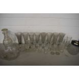 LARGE MIXED LOT OF CLEAR DRINKING GLASSES, CUT GLASS DECANTER, BISCUIT BARREL AND OTHER ITEMS