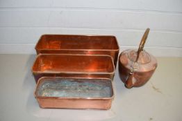 MIXED LOT COMPRISING THREE RECTANGULAR COPPER PLANTERS AND A COPPER KETTLE