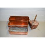 MIXED LOT COMPRISING THREE RECTANGULAR COPPER PLANTERS AND A COPPER KETTLE