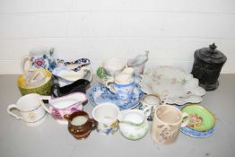 VARIOUS CERAMICS TO INCLUDE JUGS, GRAVY BOATS, TOBACCO JAR AND OTHER ITEMS