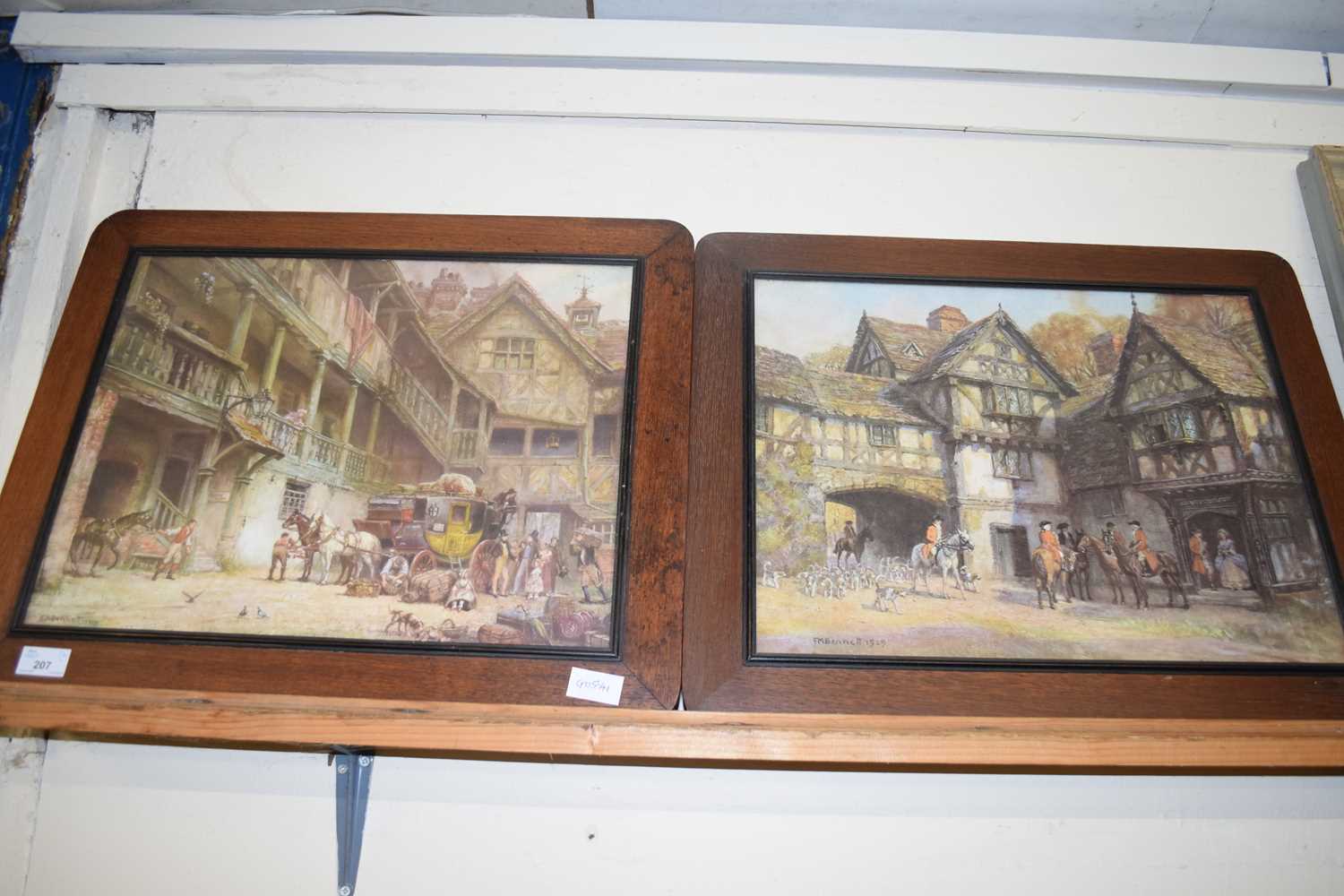 AFTER E M BENNETT, PAIR OF STUDIES OF COACHING INNS, COLOURED PRINT, OAK FRAMED, 55CM WIDE