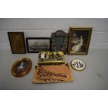 MIXED LOT OF SMALL PICTURE FRAMES, PLAQUES DECORATED WITH PENGUINS, LACQUERED CIGARETTE BOX AND