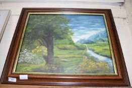 H GORDON, STUDY OF A HIGHLAND LANDSCAPE, OIL ON BOARD, FRAMED, 63CM WIDE