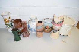 MIXED LOT 19TH CENTURY STONEWARE JUG DECORATED WITH HUNTING SCENE, VARIOUS VASES, JARDINIERE ETC