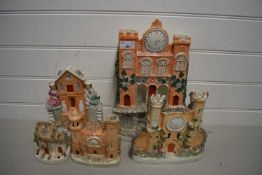 MIXED LOT VARIOUS STAFFORDSHIRE ARCHITECTURAL VASES FORMED AS BUILDINGS WITH CLOCKS PLUS SMALL