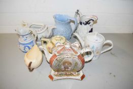 MIXED LOT VARIOUS TEA POTS AND JUGS TO INCLUDE ROYAL DOULTON GREENWOOD TREE AND VARIOUS VICTORIAN