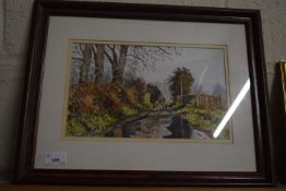 CONTEMPORARY SCHOOL, STUDY OF MAN, CHILD AND DOG ON A COUNTRY LANE, WATERCOLOUR, UNSIGNED, F/G