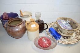 MIXED LOT VARIOUS GLASS WARES, LARGE SWISS SCENERY DECORATED PLATE AND OTHER CERAMICS AND GLASS