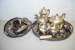 MIXED LOT OF SILVER PLATED TEA SET, TABLE BASKET WITH SWING HANDLE, OVAL GALLERIED TRAY ETC