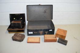 BOX CONTAINING CASH TIN, VARIOUS WOODEN TRINKET BOXES, PIPE STAND AND OTHER ITEMS