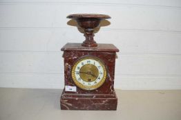 LATE VICTORIAN RED MARBLE CASED MANTEL CLOCK WITH URN MOUNTS (A/F)