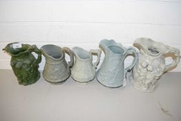 MIXED LOT FIVE VARIOUS VICTORIAN JUGS TO INCLUDE BACCHANALIAN TYPE DESIGNS