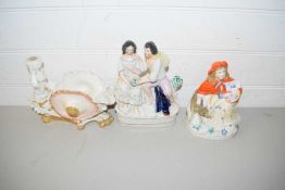 STAFFORDSHIRE FIGURE GROUP OF A COUPLE TOGETHER WITH A SHELL FORMED CENTREPIECE VASE AND A FURTHER