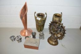 MIXED LOT PAIR OF BRASS VASES, SOUTH EASTERN DEITY FIGURE, SMALL CIGARETTE BOX AND OTHER WARES