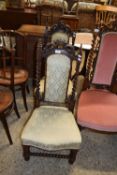 PAIR OF VICTORIAN MAHOGANY AND ROSEWOOD GOTHIC TYPE SIDE CHAIRS WITH BARLEY TWIST UPRIGHTS AND