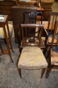 LATE 19TH/EARLY 20TH CENTURY MAHOGANY FRAMED ARMCHAIR WITH SEAT DECORATED WITH A GARLAND OF FLOWERS,