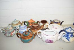 MIXED LOT OF VARIOUS 19TH CENTURY AND LATER TEA POTS TO INCLUDE DOULTON AND OTHERS, MUCH DAMAGE