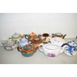 MIXED LOT OF VARIOUS 19TH CENTURY AND LATER TEA POTS TO INCLUDE DOULTON AND OTHERS, MUCH DAMAGE