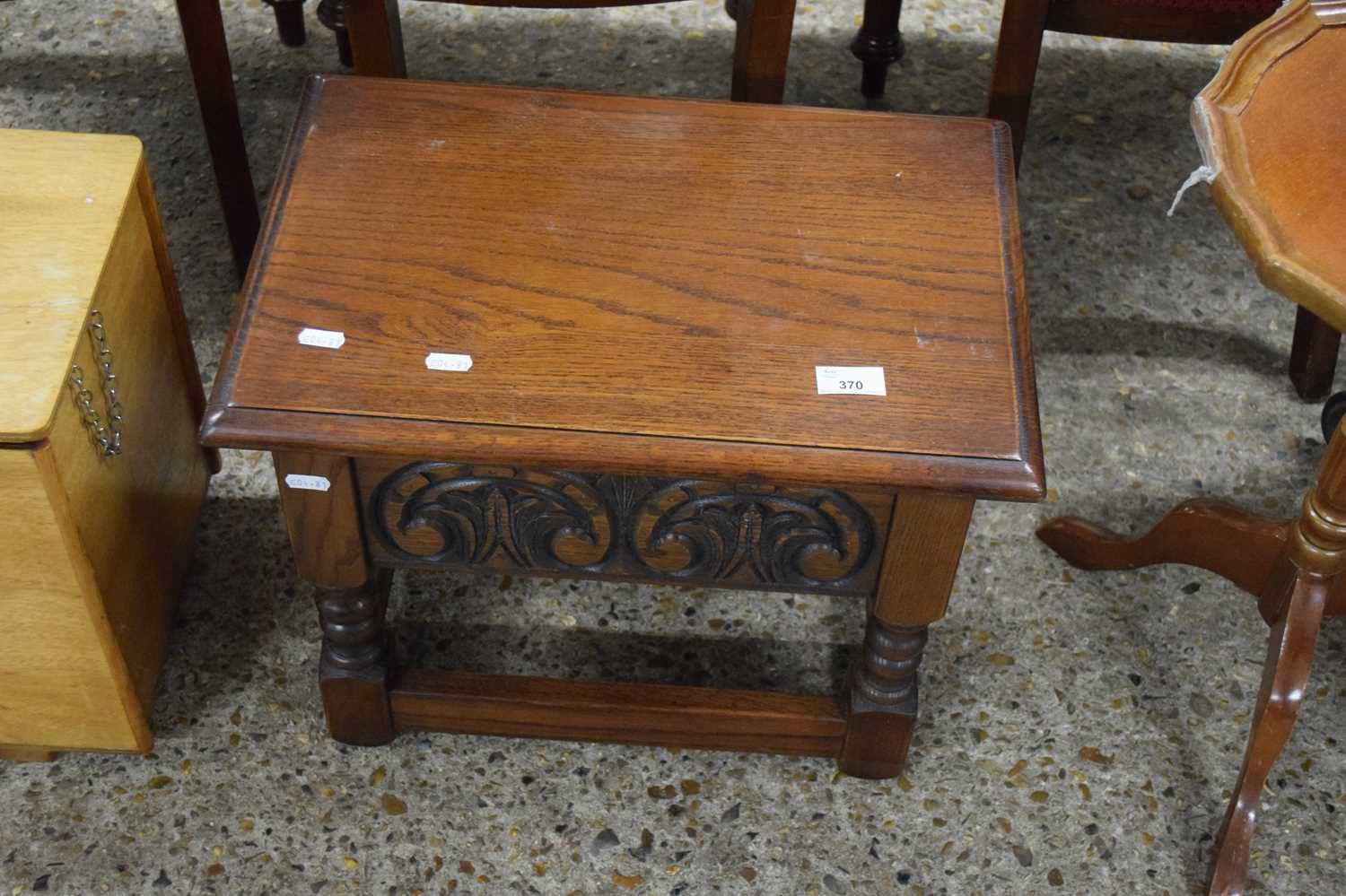 REPRODUCTION SMALL OAK BOX STOOL WITH CARVED DECORATION47CM WIDE