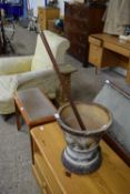 ANTIQUE POTTERY WATER FILTER BASE TOGETHER WITH A WALKING STICK WITH DOG SHAPED HANDLE