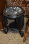 SMALL HARD WOOD PLANT STAND WITH MARBLE TOP AND ELEPHANT FORMED LEGS TOP 36CM DIAM