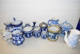 LARGE MIXED LOT TO INCLUDE RANGE OF WEDGWOOD AND OTHER JASPERWARES, VARIOUS VASES, JUGS, BISCUIT