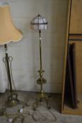 EARLY 20TH CENTURY BRASS STANDARD LAMP WITH TIFFANY TYPE SHADE