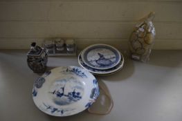 MIXED LOT VARIOUS DECORATED PLATES, CANDLES, BLUE AND WHITE VASE ETC