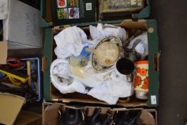 ONE BOX HOUSEHOLD WARES TO INCUDE VICTORIAN PEWTER LIDDED JUGS, SEASHELLS ETC