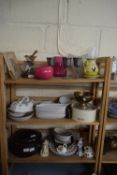 THREE SHELVES OF MIXED CERAMICS AND OTHER ITEMS