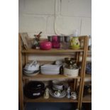 THREE SHELVES OF MIXED CERAMICS AND OTHER ITEMS