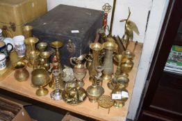 LARGE COLLECTION VARIOUS BRASS ORNAMENTS, VASES, CANDLESTICKS ETC