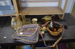 MIXED LOT VARIOUS HOUSEHOLD CERAMICS, SILVER PLATED WARES, FLORAL DECORATED SHOULDER BAG ETC