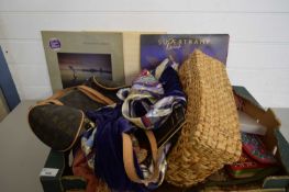 MIXED LOT TO INCLUDE SMALL CASE, POSSIBLY LOUIS VUITTON, SCARVES, WICKER BASKET AND OTHER ITEMS