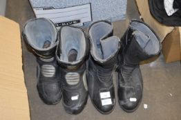 TWO PAIRS MOTORCYCLE BOOTS, MOTORCYCLE JACKET AND LEATHER TROUSERS AND UNDERGARMENTS