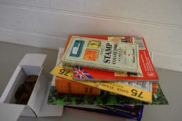 MIXED LOT VARIOUS PHILATELIC REFERENCE BOOKS, BOX OF VARIOUS COPPER COINAGE ETC