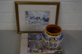 COLOURED PRINT 'OLD HEMEL, HERTFORDSHIRE' AND AS NEW PLACEMATS PLUS A FURTHER DECORATED VASE