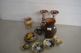 MIXED LOT VARIOUS ASSORTED CERAMICS TO INCLUDE PAIR OF CANDLESTICKS ETC PLUS FURTHER GLASSES ETC