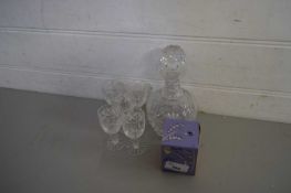 SPIRIT DECANTER AND GLASSES PLUS A FURTHER BOXED CANDLE