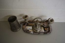 SILVER PLATED WARES COMPRISING PAIR OF SAUCE LADLES, CANDELABRA, PLUS A FURTHER PEWTER TANKARD